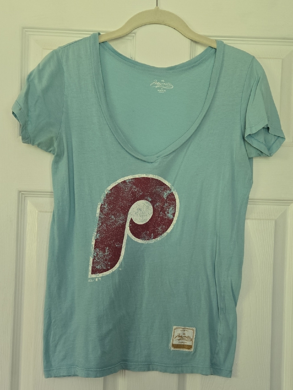 Majestic Select Light Blue V-Neck Phillies 'P' Graphic Tee